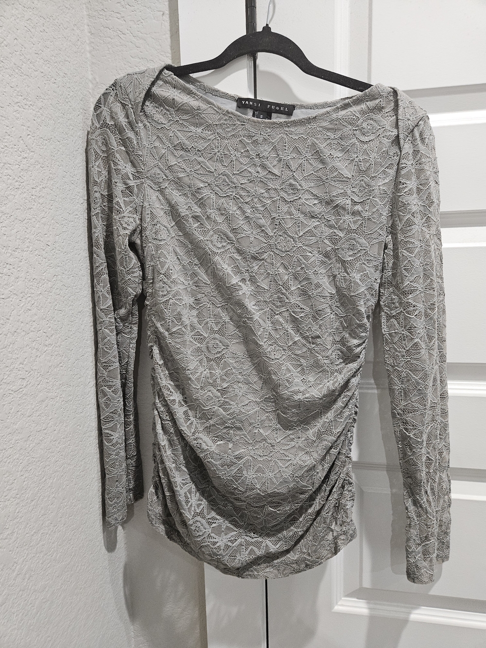 Yansi Fugel Light Gray Lace-Overlay Long Sleeve Top